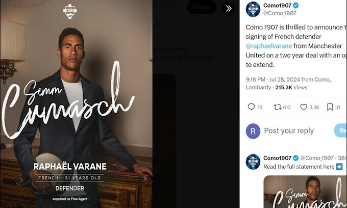 Ufficiale, Como: Varane è un nuovo calciatore dei lariani