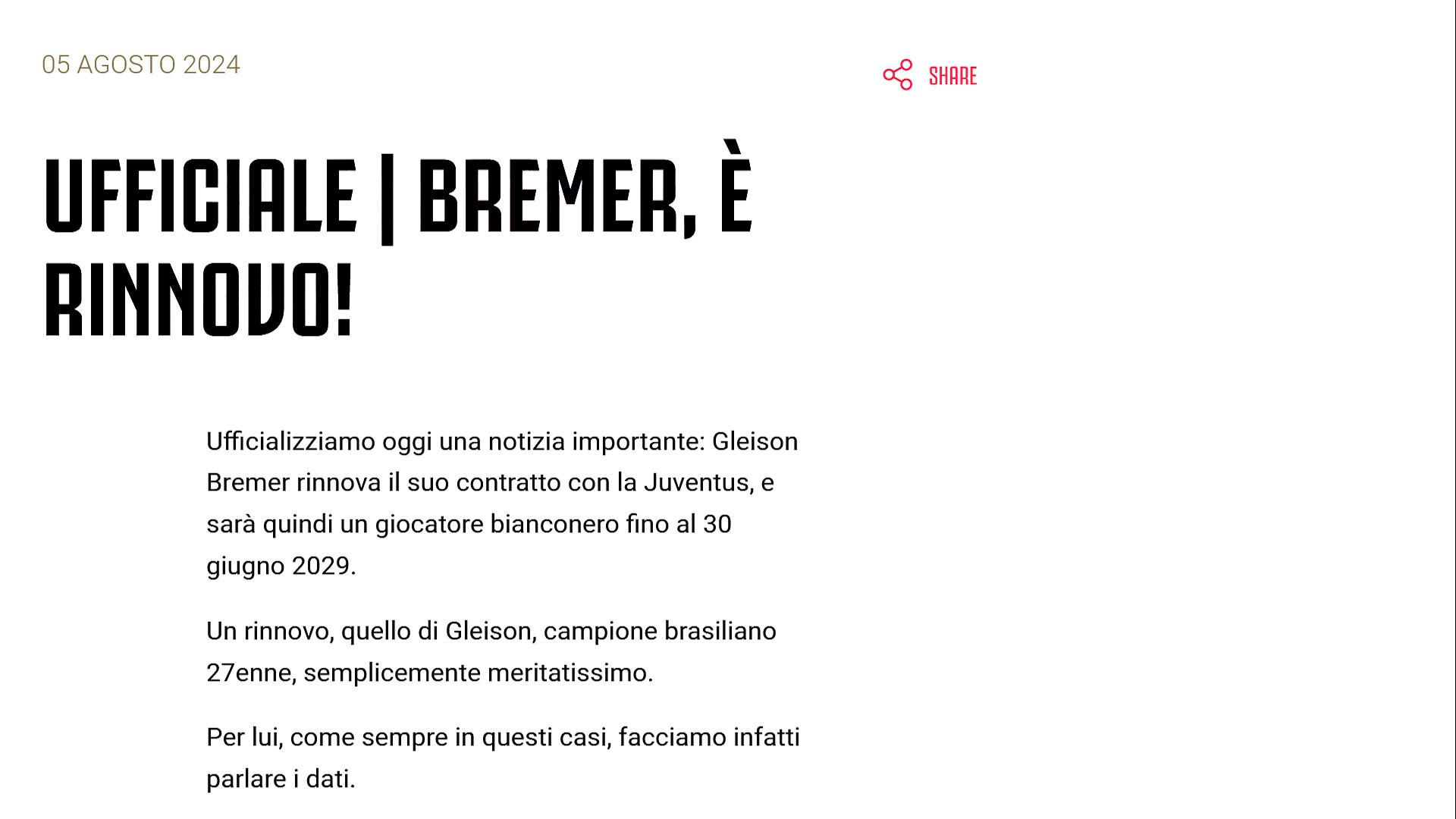 Ufficiale, Juve: Bremer rinnova fino al 2029