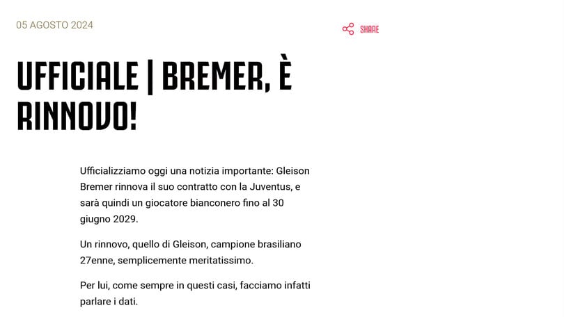 Ufficiale, Juve: Bremer rinnova fino al 2029