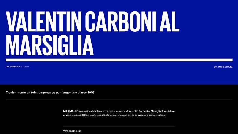 Inter, Valentin Carboni in prestito al Marsiglia