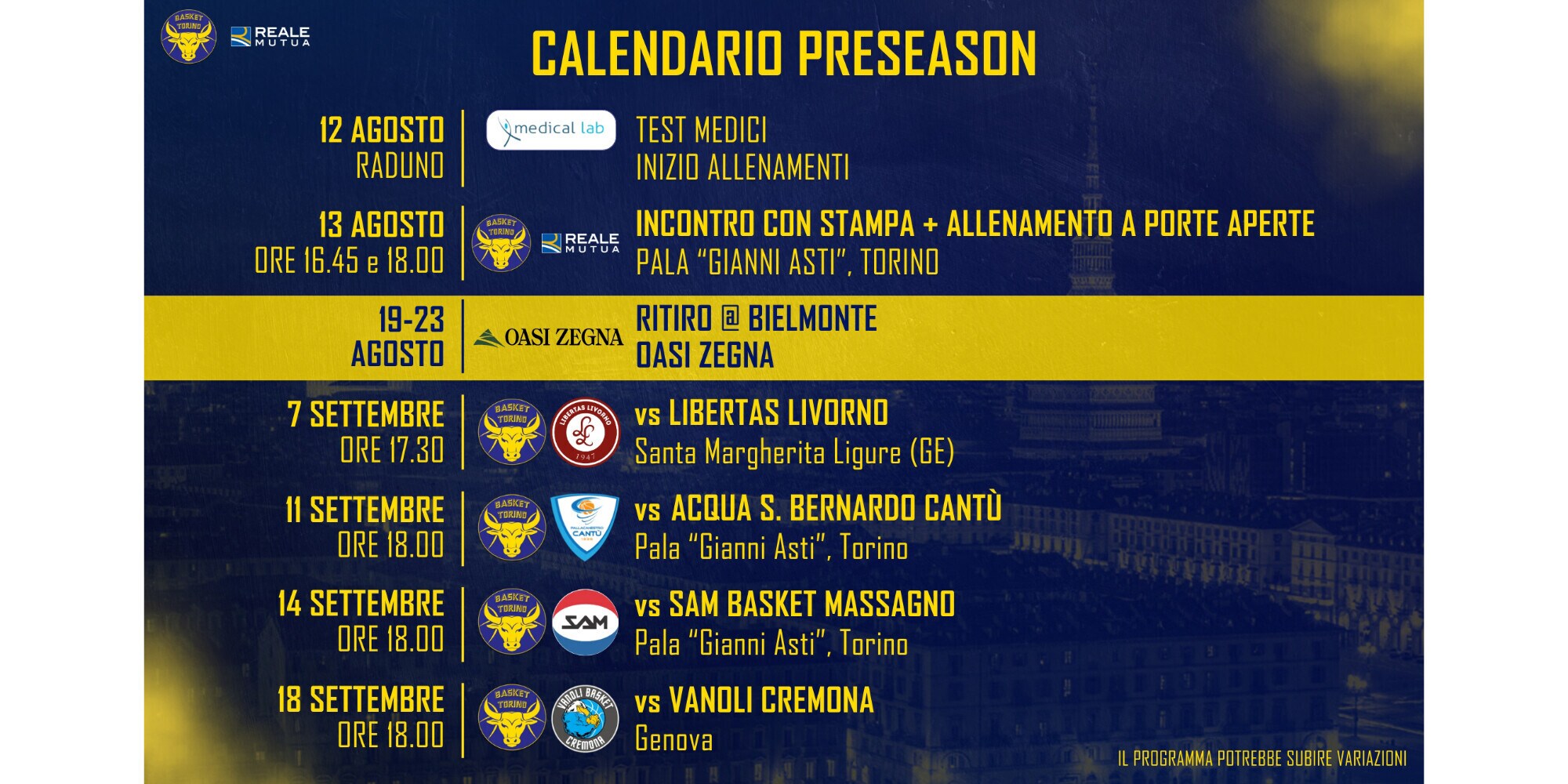 Reale Mutua Torino: il programma del precampionato