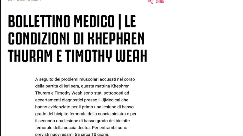 Juve, tegole Weah e Thuram: niente Verona, a rischio per la Roma