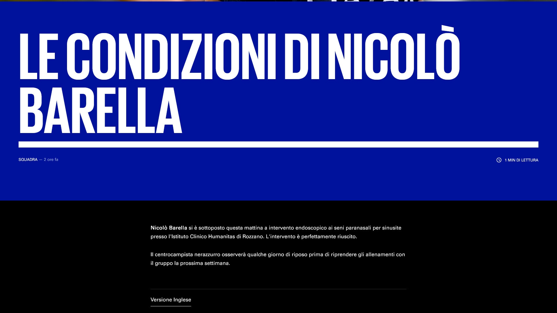 Inter, operazione al naso per Barella