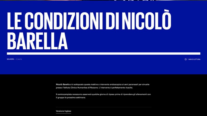 Inter, operazione al naso per Barella