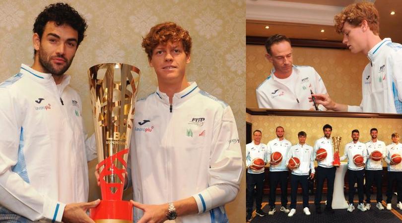 Sinner, Berrettini e i campioni dell'Italtennis con il trofeo della Supercoppa di basket