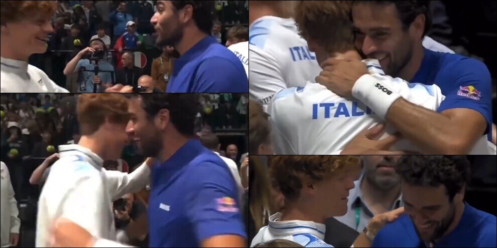 Berrettini esulta dopo il successo in Coppa Davis: l'abbraccio speciale con Sinner