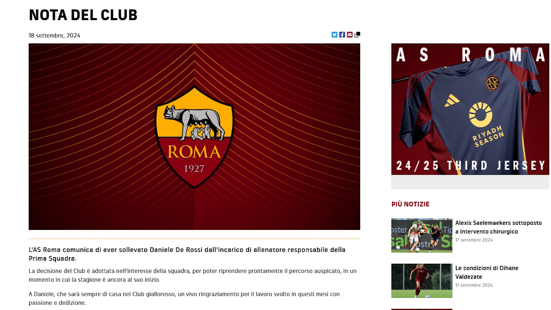 Ufficiale: la Roma esonera De Rossi