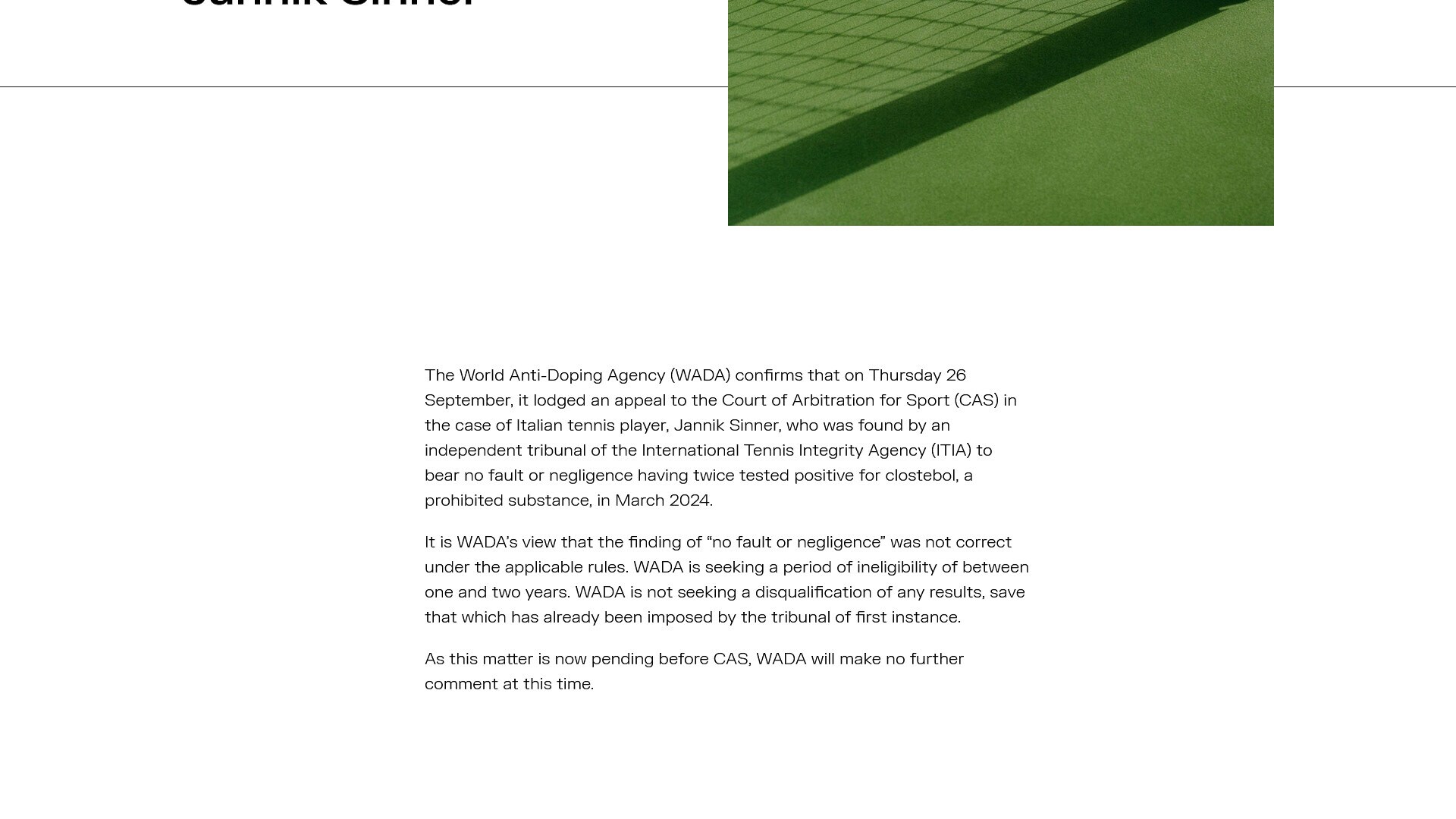 Tennis, doping Sinner: la Wada presenta ricorso contro l'assoluzione