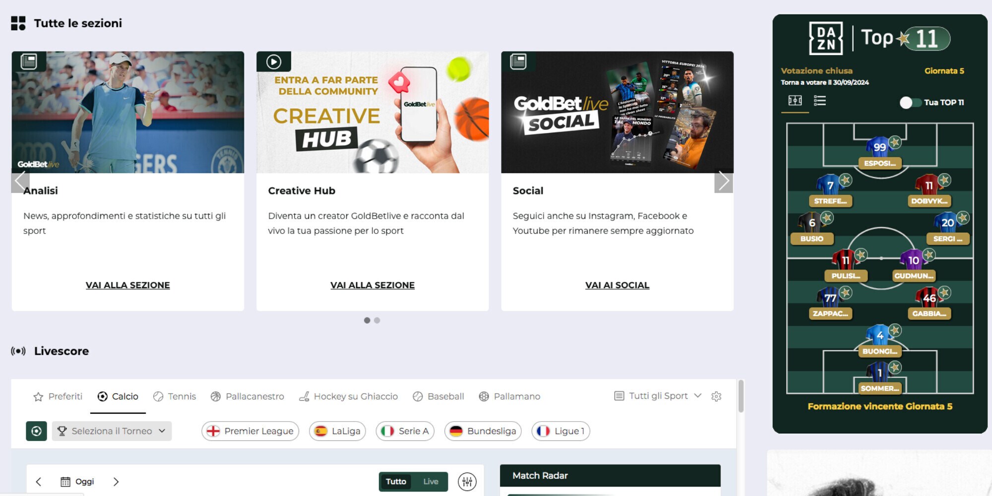 Goldbetlive, Livescore e tanto altro: Top11, Concorsi a premi e...