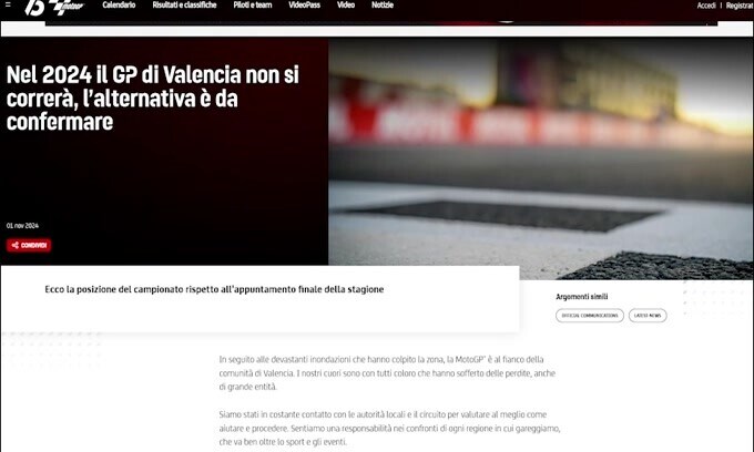 Moto Gp, ufficiale: annullato il Gran Premio di Valencia