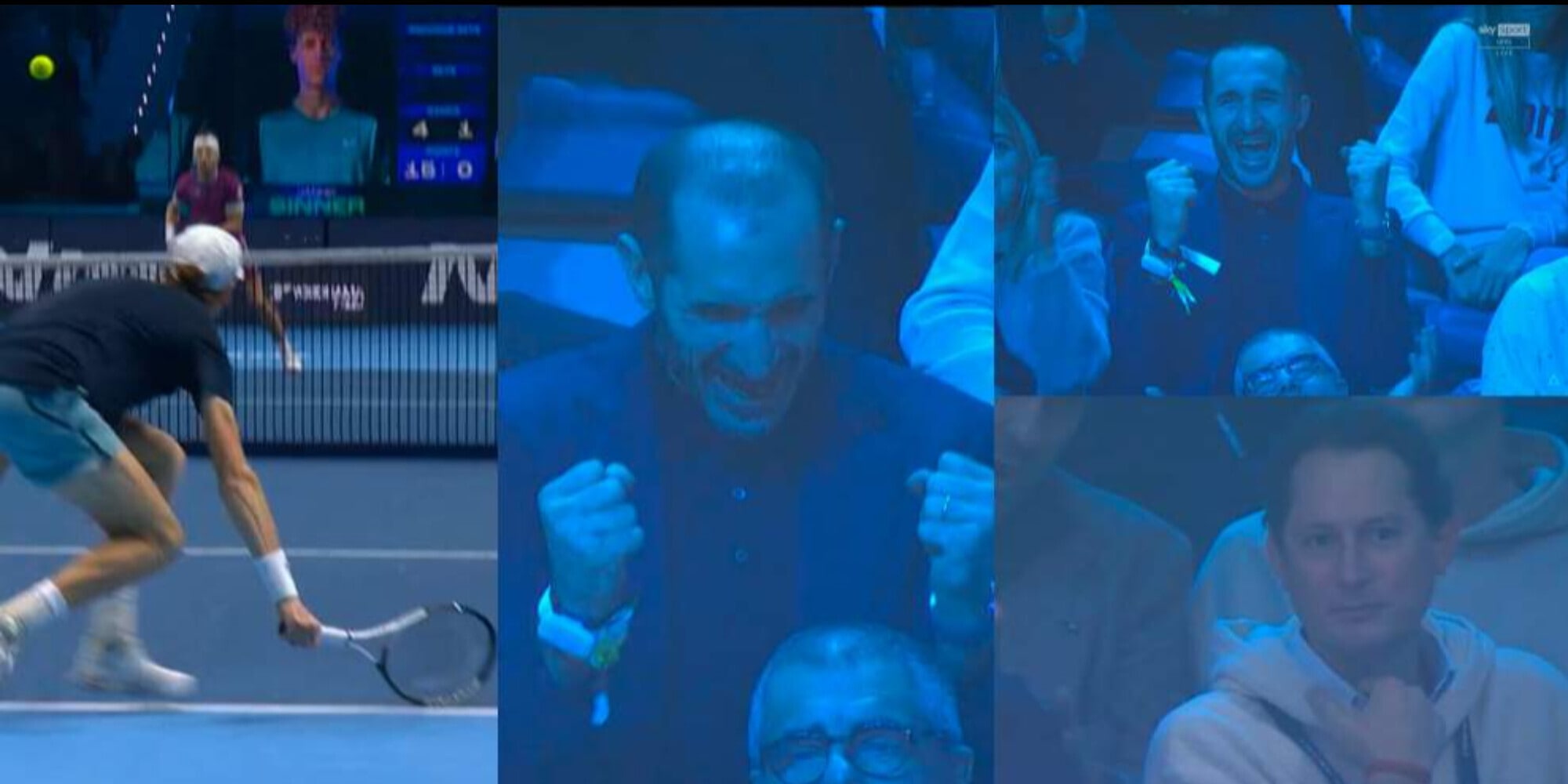 Chiellini incontenibile, esultanza sfrenata per Sinner. E in tribuna c'è anche Elkann