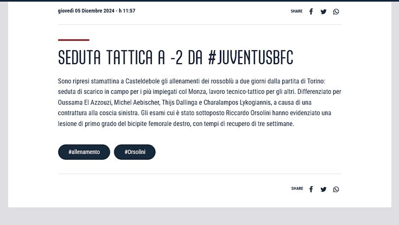 Bologna, stop Orsolini: out contro Juventus, Benfica e Fiorentina