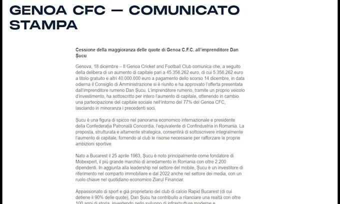 Genoa, Dan Sucu è il nuovo proprietario