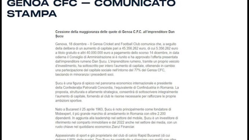 Genoa, Dan Sucu è il nuovo proprietario