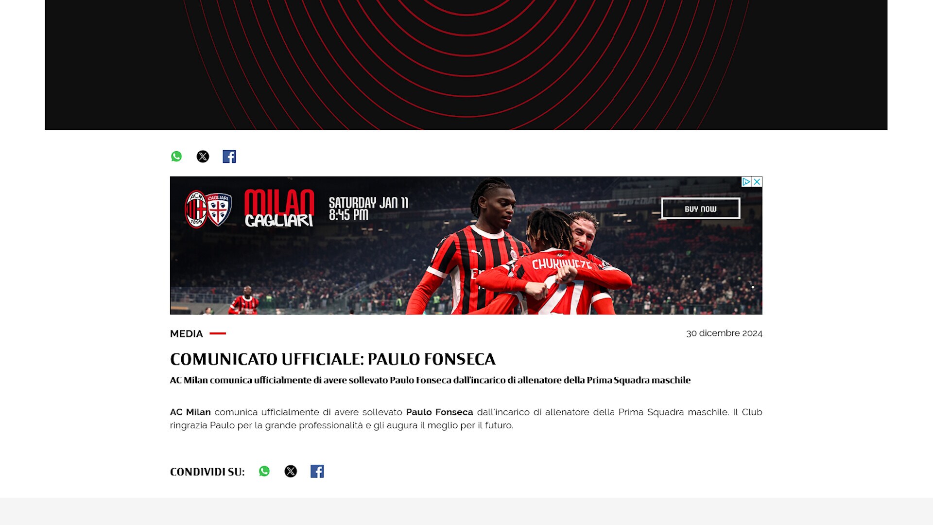 Milan, ufficiale l'esonero di Paulo Fonseca