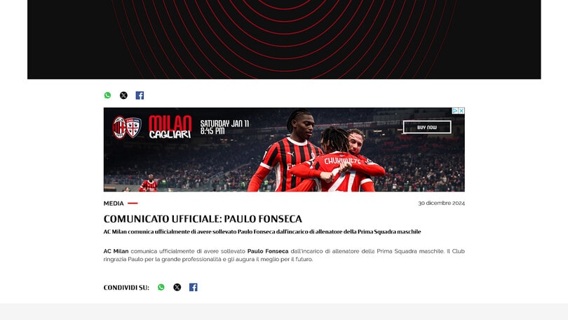Milan, ufficiale l'esonero di Paulo Fonseca