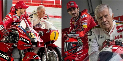 Ducati, incontro tra campioni a Misano: Bagnaia posa con Agostini