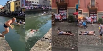 Tifosi Newcastle, delirio a Milano: tuffi nella pioggia e nei Navigli!