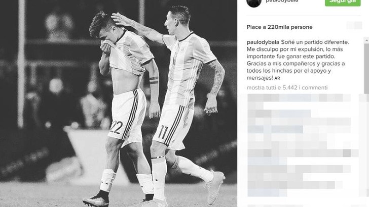 Argentina, Dybala: «Chiedo scusa per l'espulsione»