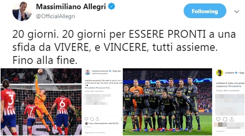 Da Ronaldo a Szczesny, la Juve si carica sui social: «Fino alla fine»