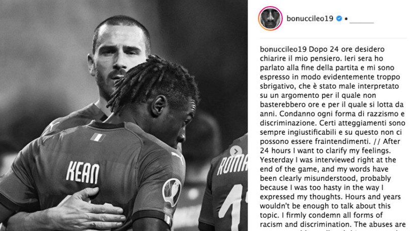 Caso Kean, Bonucci chiarisce: «Male interpretato, condanno ogni forma di razzismo»