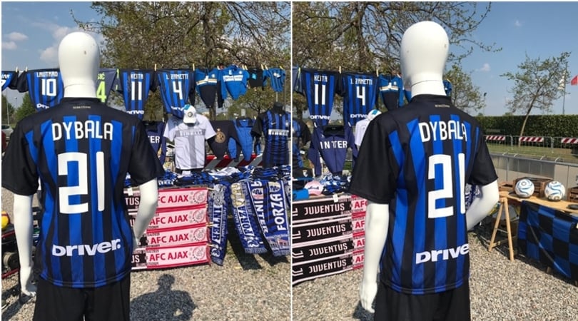 Fuori da Appiano Gentile Dybala nerazzurro e la sciarpa di Juve-Ajax