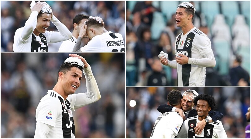 Juve, festa scudetto con la schiuma: "colpiti" Ronaldo e Allegri