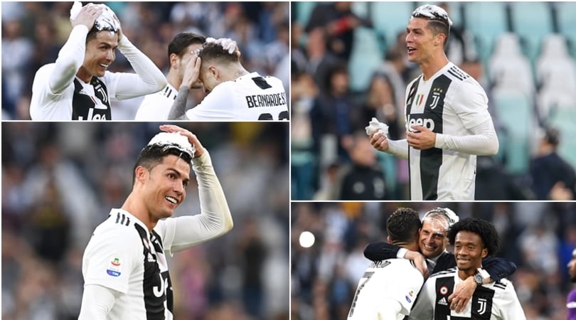 Juve, festa scudetto con la schiuma: "colpiti" Ronaldo e Allegri