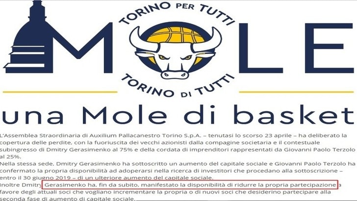 Basket, Auxilium Torino: Gerasimenko ridurrà le quote azionarie