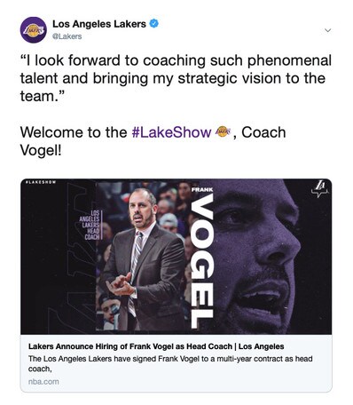 NBA, Los Angeles Lakers: Frank Vogel è il nuovo coach