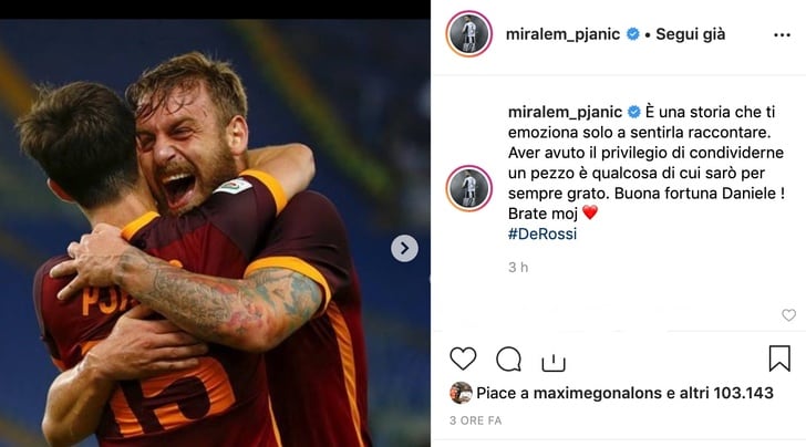 Juve, Pjanic omaggia De Rossi: «Storia che emoziona solo a sentirla»