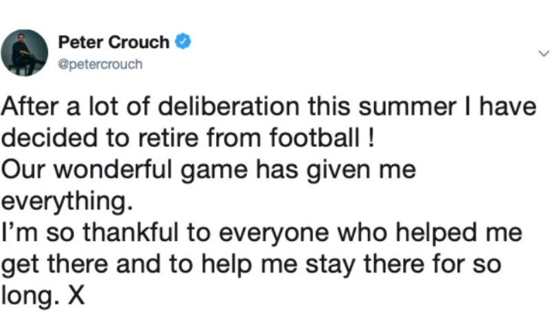 Crouch dice addio al calcio: "Questo sport mi ha dato tantissimo"