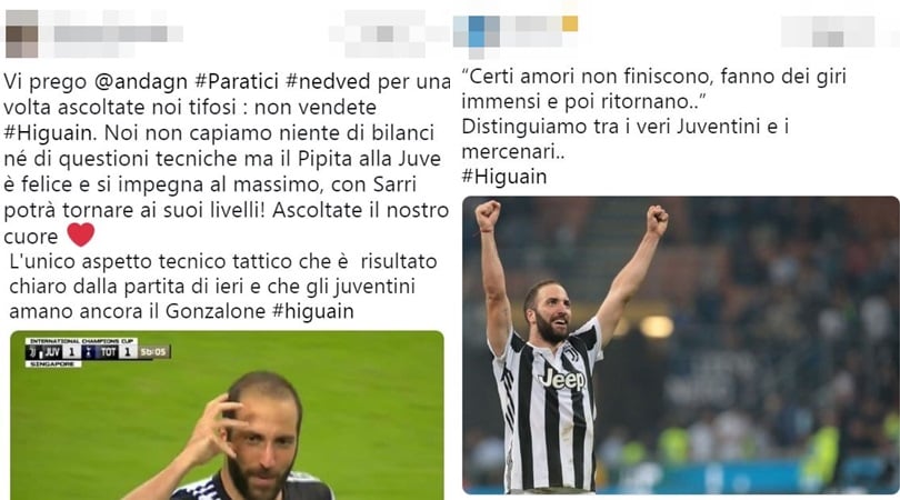 Juve, i tifosi in coro sui social "Higuain deve restare"