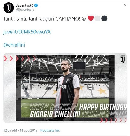 Chiellini compie 35 anni, gli auguri della Juve