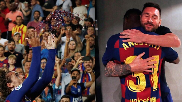 Griezmann, l'esultanza con i coriandoli. Messi, l'abbraccio al baby Ansu Fati