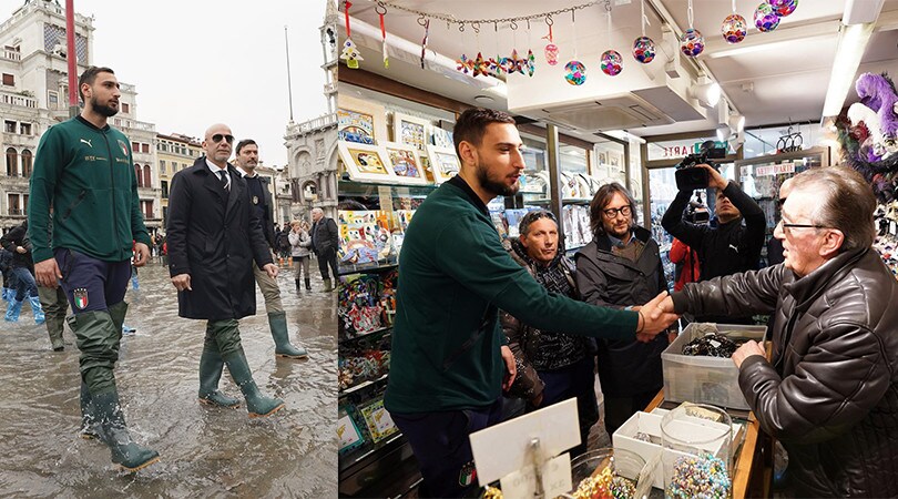 Vialli e Donnarumma nell'acqua alta di Venezia