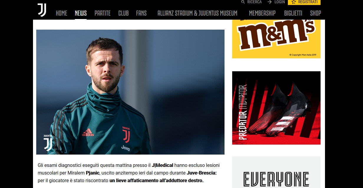 Juve, per Pjanic escluse lesioni