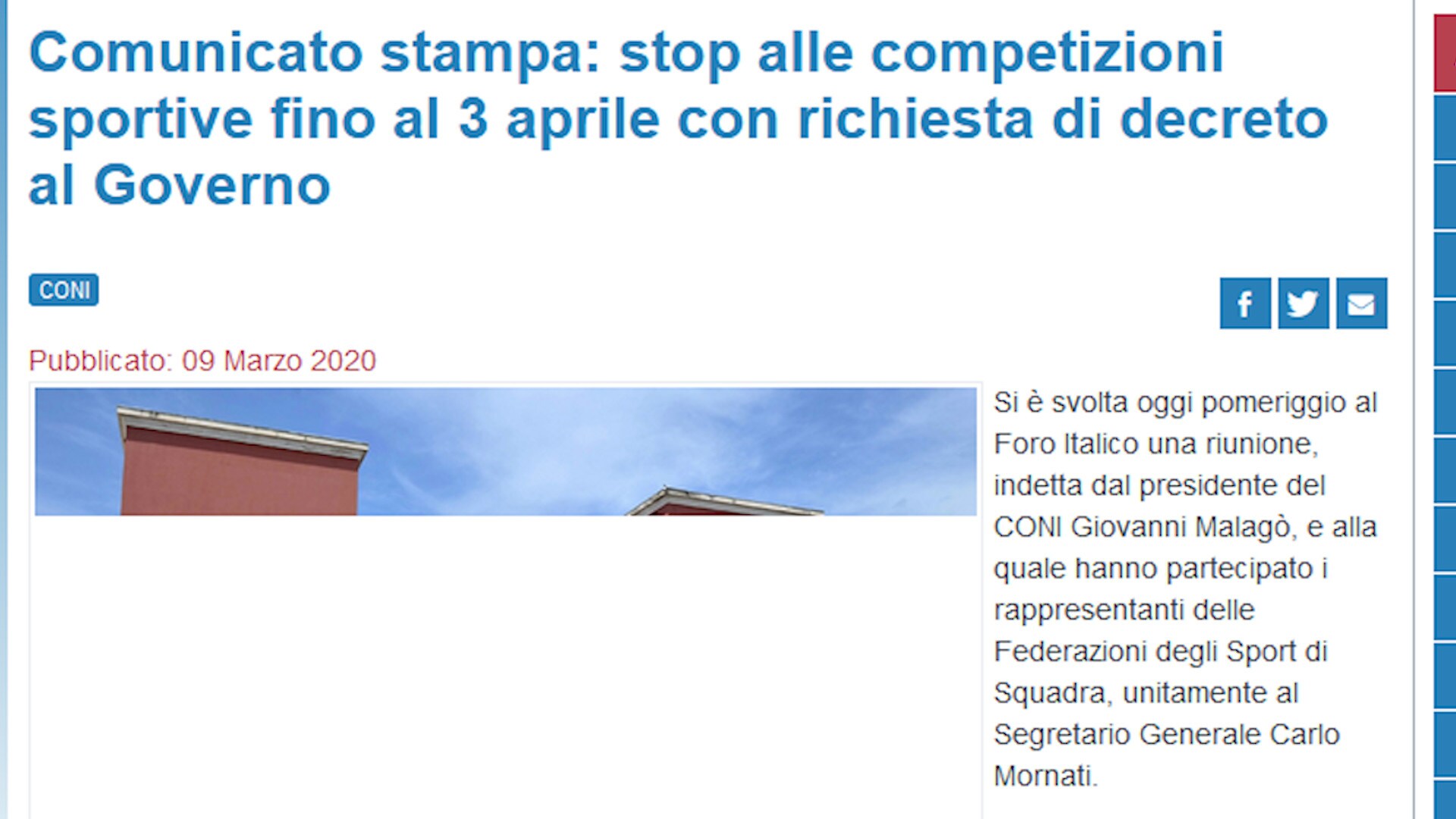 Coni, stop a tutto lo sport fino al 3 aprile