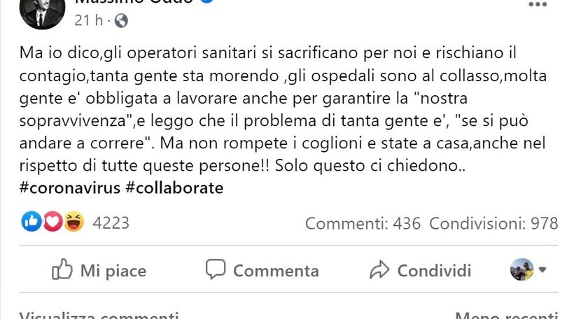 Il calciatore campione del mondo Massimo Oddo sgrida i runner: "Non rompete, state a casa"