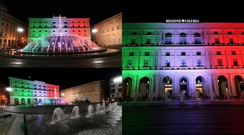 Coronavirus, il tricolore italiano illumina il palazzo della Regione Liguria
