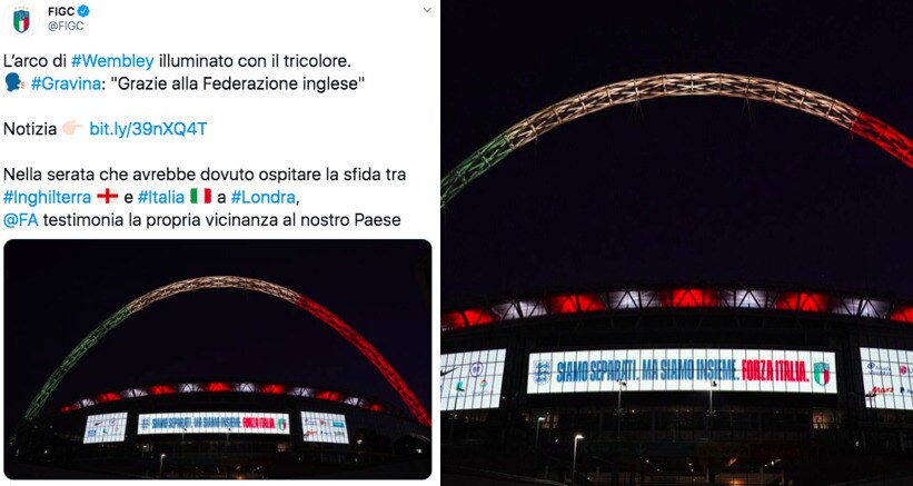 Coronavirus, Wembley illuminato con il tricolore dell'Italia