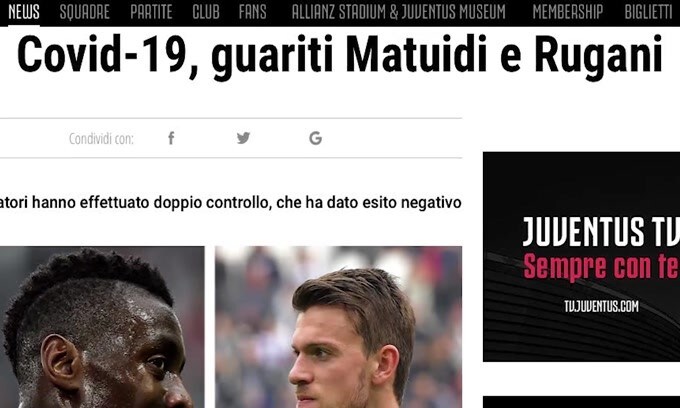 Juve, Rugani e Matuidi sono guariti dal Covid-19