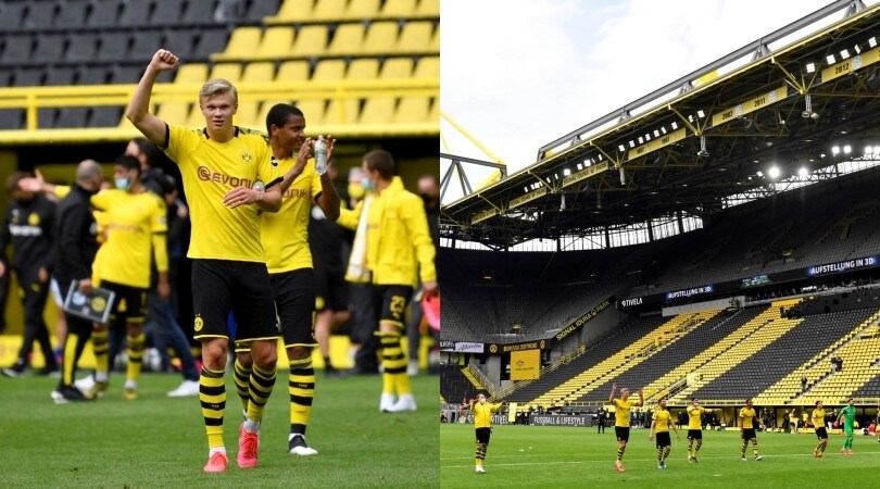 La strana festa del Borussia Dortmund: Haaland e compagni sotto la curva vuota