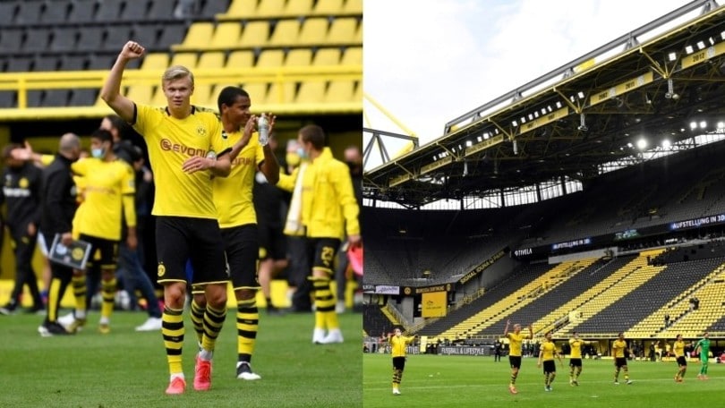 La strana festa del Borussia Dortmund: Haaland e compagni sotto la curva vuota