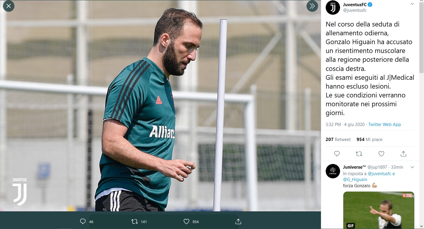 Juve, si ferma Higuain: escluse lesioni, Coppa Italia a rischio