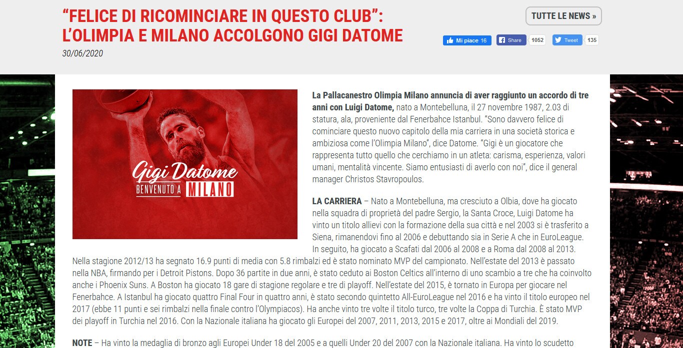 Basket, Datome è un nuovo membro dell' Olimpia Milano