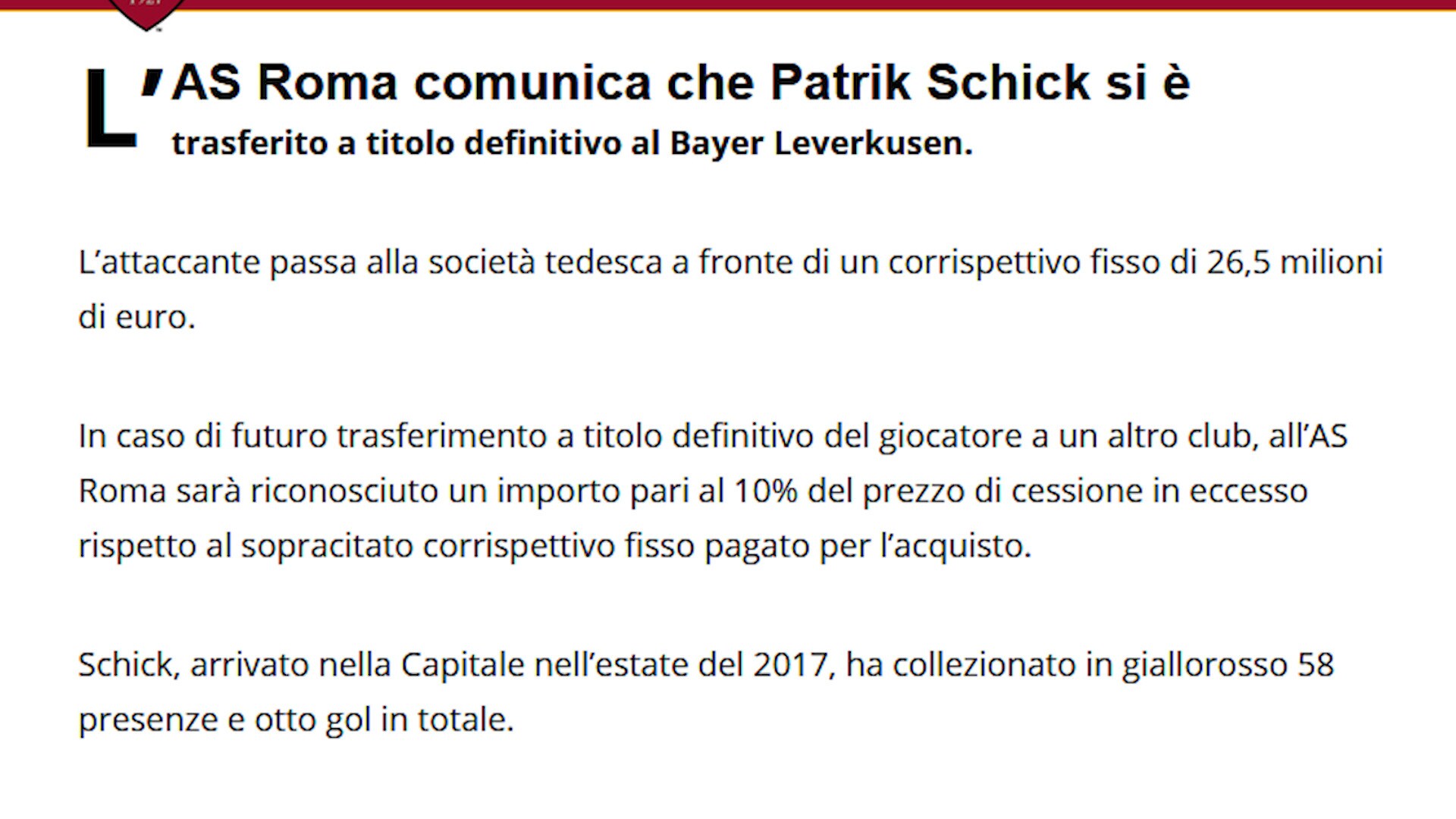 Roma, ufficiale: Schick è del Bayer Leverkusen