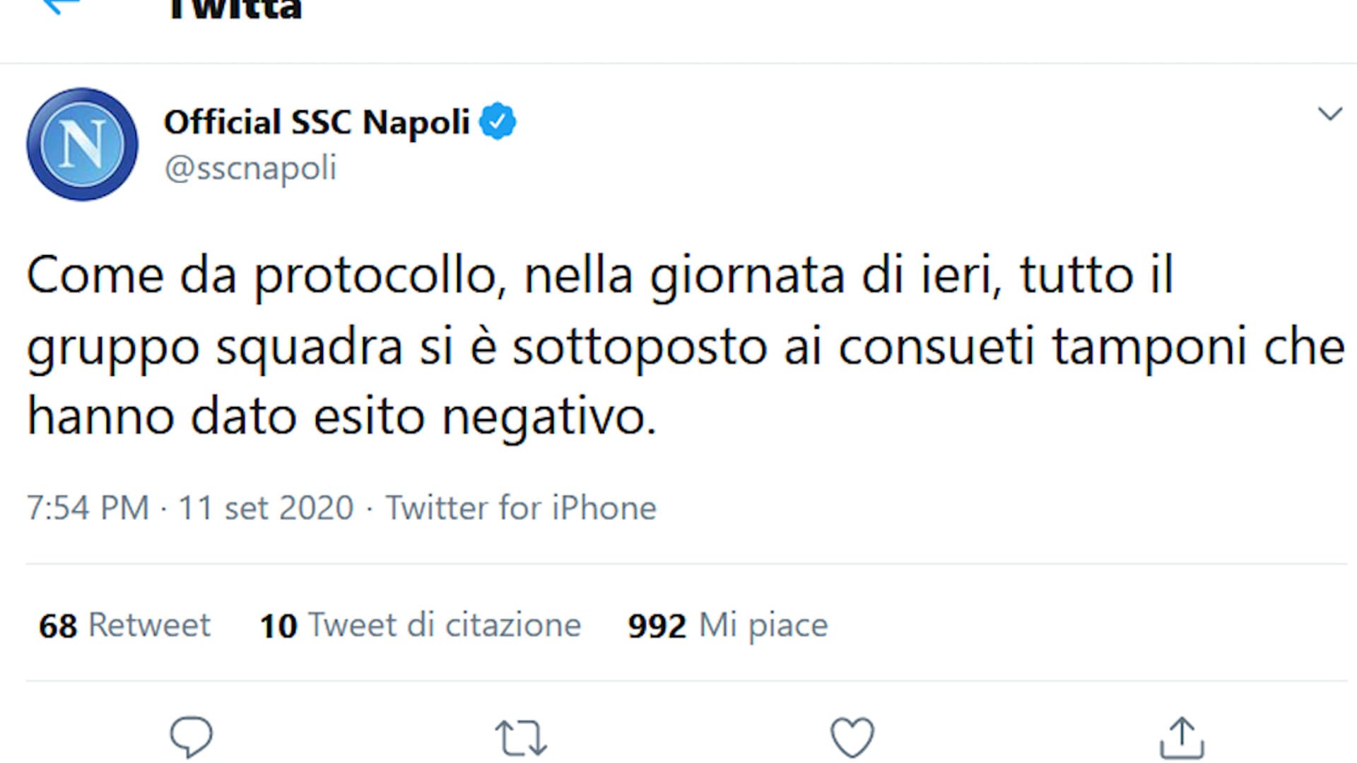 Napoli, nessun positivo al Coronavirus dopo i test