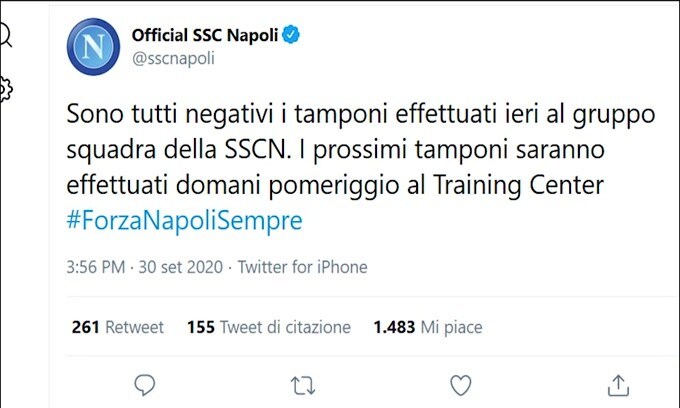 Napoli, tutti negativi i primi tamponi fatti alla squadra