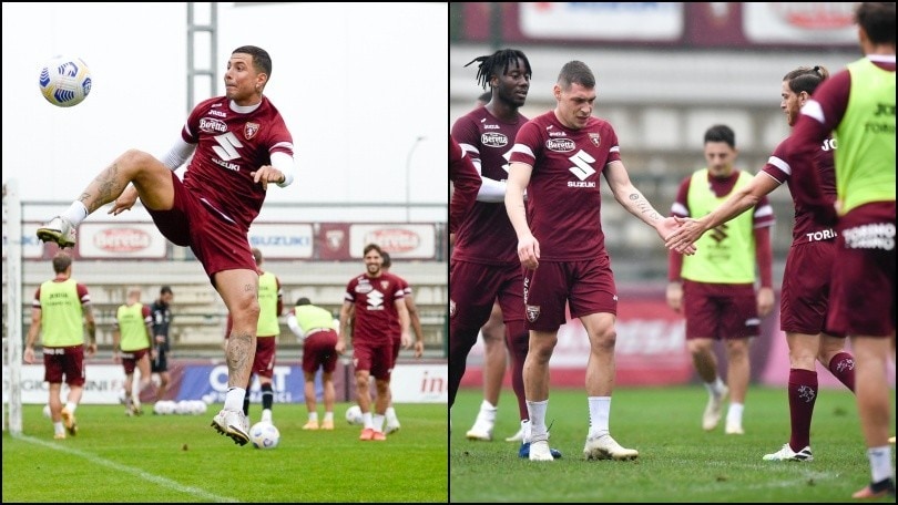 Torino, allenamento sotto la pioggia: Izzo prova l'acrobazia, cinque tra Belotti e Ansaldi